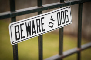 Beware Of Dog Sign on Black Wrought Iron Fence